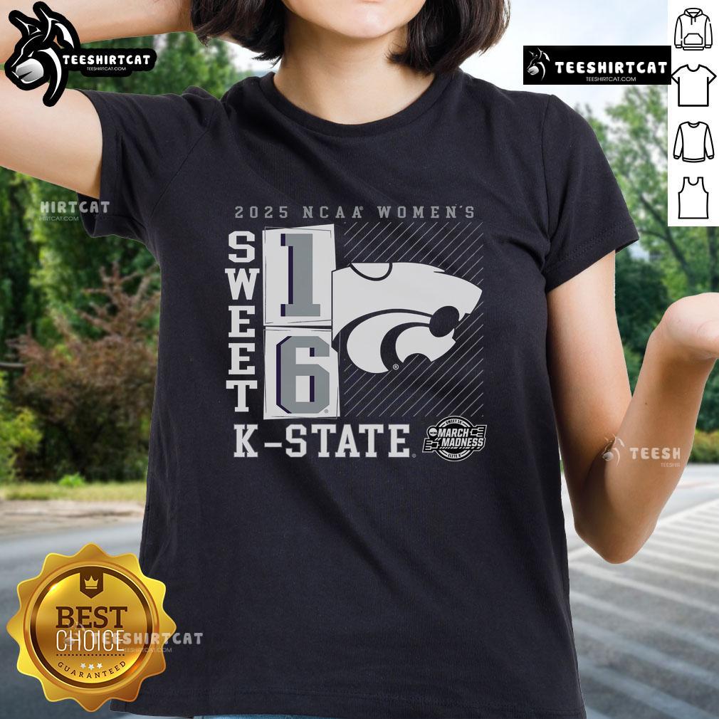 Alt Text: Official Kansas State Wildcats 2025 NCAA Women's Basketball Tournament March Madness Sweet 16 No-Look Pass Ladies Tee.