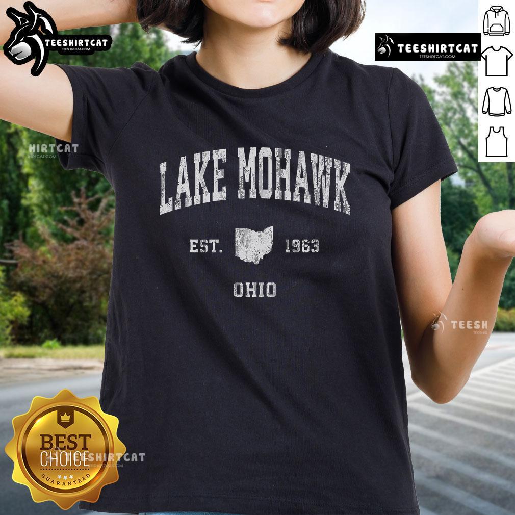 Vintage Lake Mohawk Ohio ladies tee established 1963, featuring a stylish athletic design perfect for casual wear.