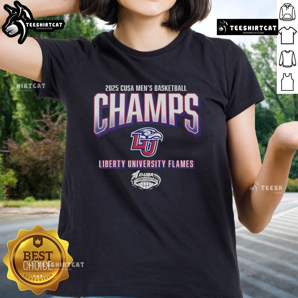 Alt Text: Official Liberty Flames 2025 C-USA Men's Basketball Conference Tournament Champions ladies tee, featuring team logo.