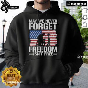 Official May We Never Forget Freedom Isn't Free Hoodie showcasing patriotic design and bold text for veterans' support.