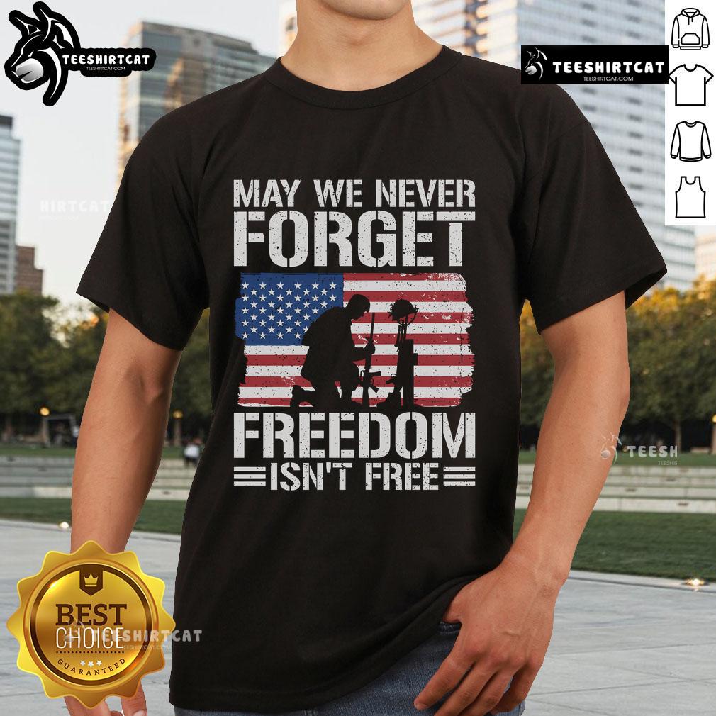 Official May We Never Forget Freedom Isn't Free T-Shirt featuring patriotic design and bold lettering.