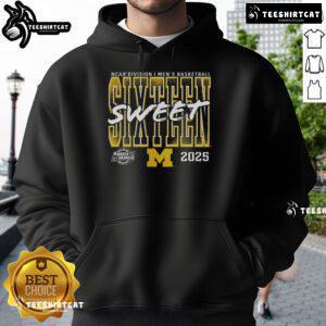 Official Michigan Wolverines 2025 NCAA Men's Basketball Tournament Sweet 16 hoodie in blue and maize, perfect for March Madness.