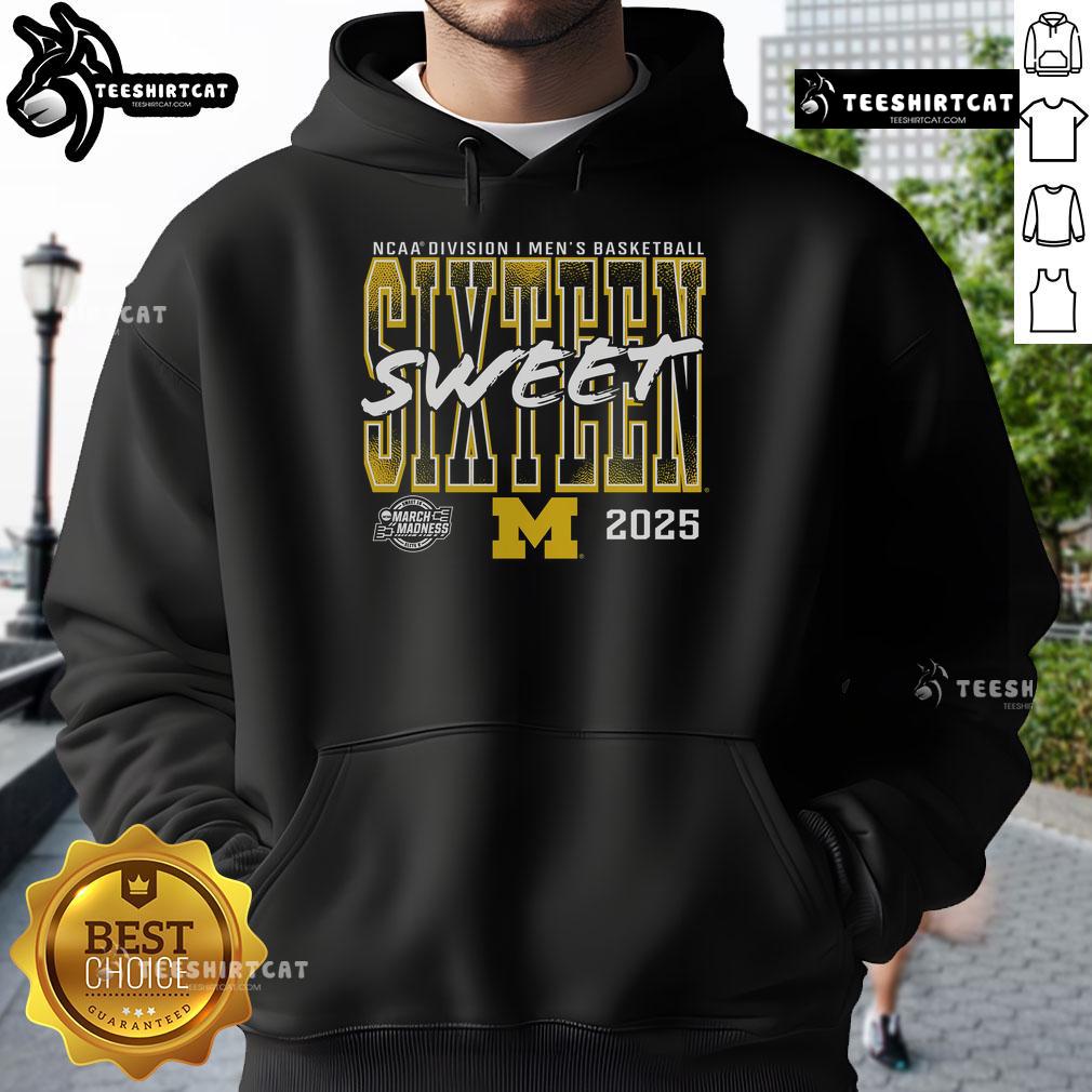 Official Michigan Wolverines 2025 NCAA Men's Basketball Tournament Sweet 16 hoodie in blue and maize, perfect for March Madness.