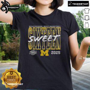 Alt Text: Official Michigan Wolverines 2025 NCAA Men's Basketball Tournament Sweet 16 Ladies Tee, perfect for March Madness fans.