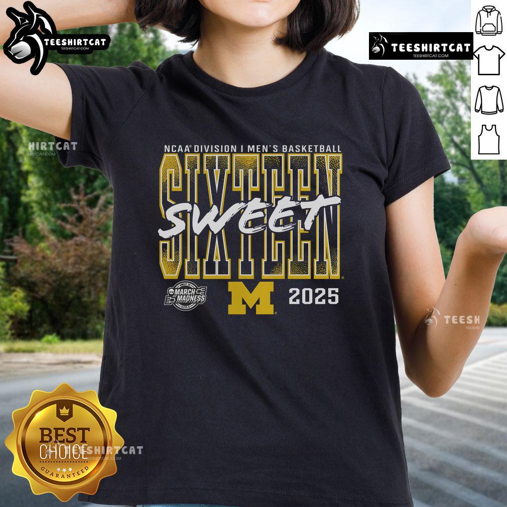 Alt Text: Official Michigan Wolverines 2025 NCAA Men's Basketball Tournament Sweet 16 Ladies Tee, perfect for March Madness fans.
