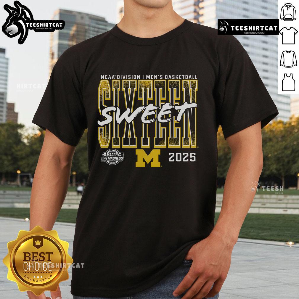 Official Michigan Wolverines 2025 NCAA Men's Basketball Tournament Sweet 16 T-Shirt featuring team logo and March Madness design.