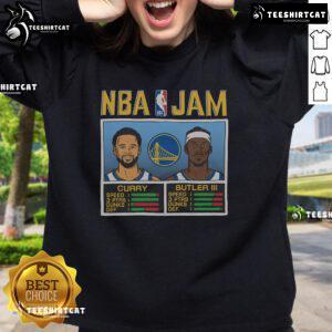 Alt Text: Official NBA Jam Warriors sweatshirt featuring Curry and Butler III, perfect for fans and casual wear.