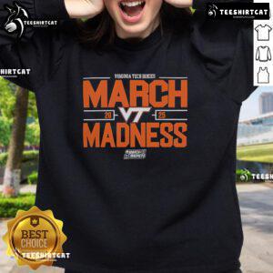 Official NCAA Men's Basketball 2025 Virginia Tech Hokies March Madness sweatshirt in maroon and orange colors.