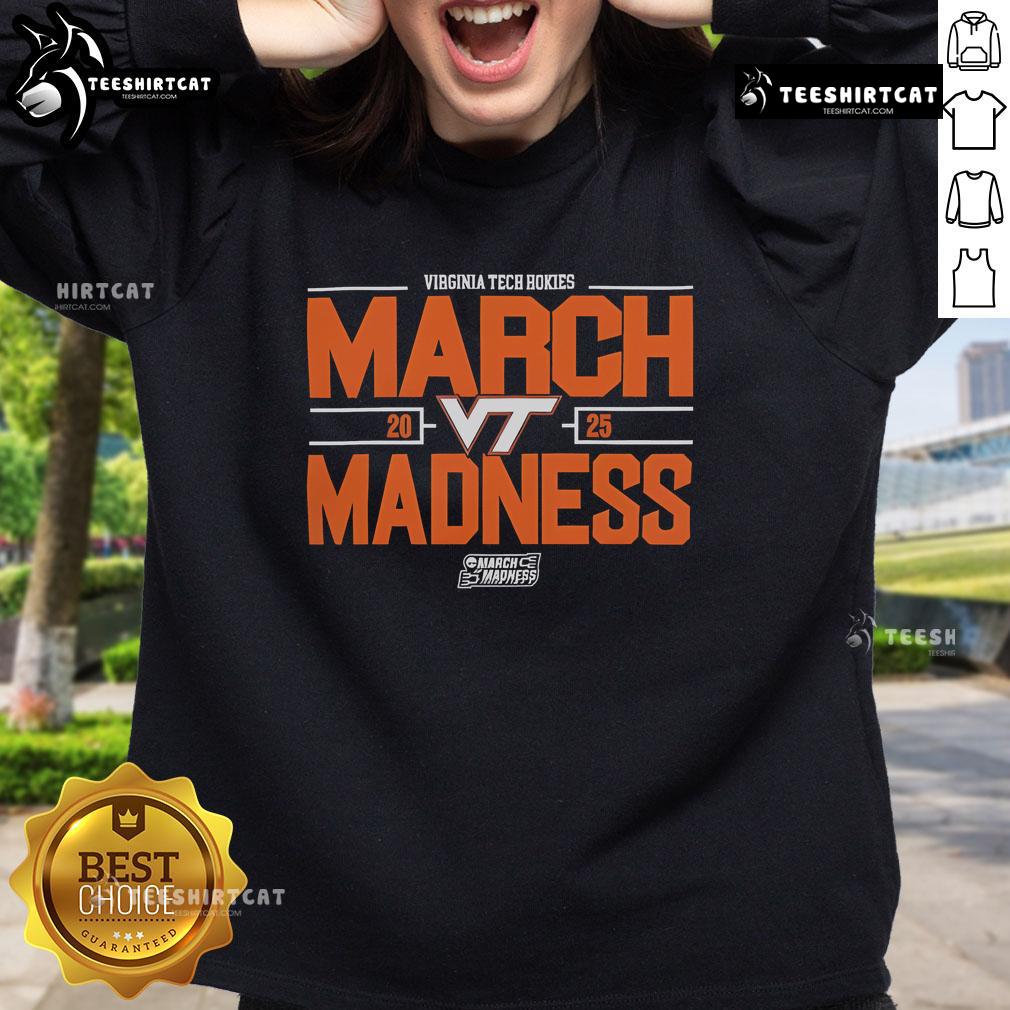 Official NCAA Men's Basketball 2025 Virginia Tech Hokies March Madness sweatshirt in maroon and orange colors.
