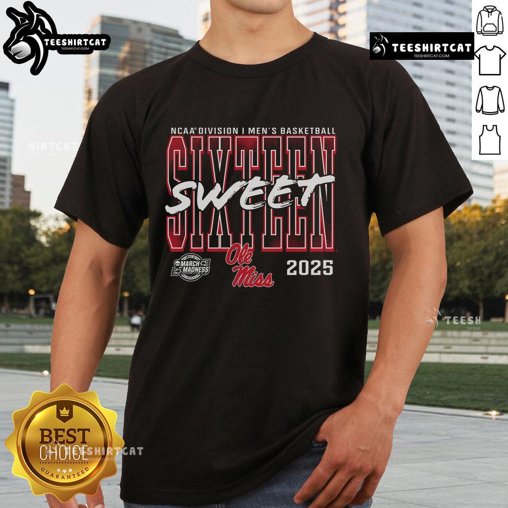 Official Ole Miss Rebels 2025 NCAA Men's Basketball Tournament Sweet 16 T-Shirt showcasing team spirit and March Madness excitement.