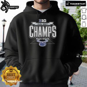 Alt Text: Official Penn State Nittany Lions 2025 Big Ten Wrestling Dual Meet Champions hoodie displayed on a hanger.