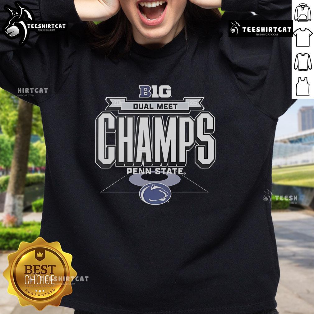 Official Penn State Nittany Lions 2025 Big Ten Wrestling Dual Meet Champions sweatshirt in navy blue, showcasing team pride.