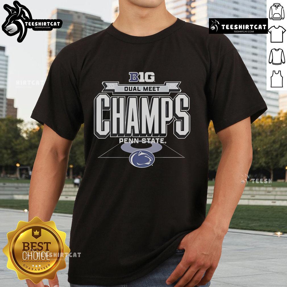 Official Penn State Nittany Lions 2025 Big Ten Wrestling Dual Meet Champions T-Shirt featuring team logo and colors.
