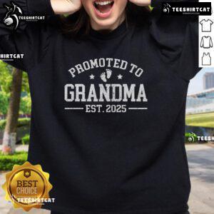 Official Promoted To Grandma Est 2025 sweatshirt for grandparents baby announcement, featuring a stylish design.