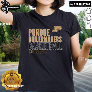 Alt Text: Official Purdue Boilermakers Basketball 'Boiler Up' text logo on a ladies tee, perfect for fans and casual wear.