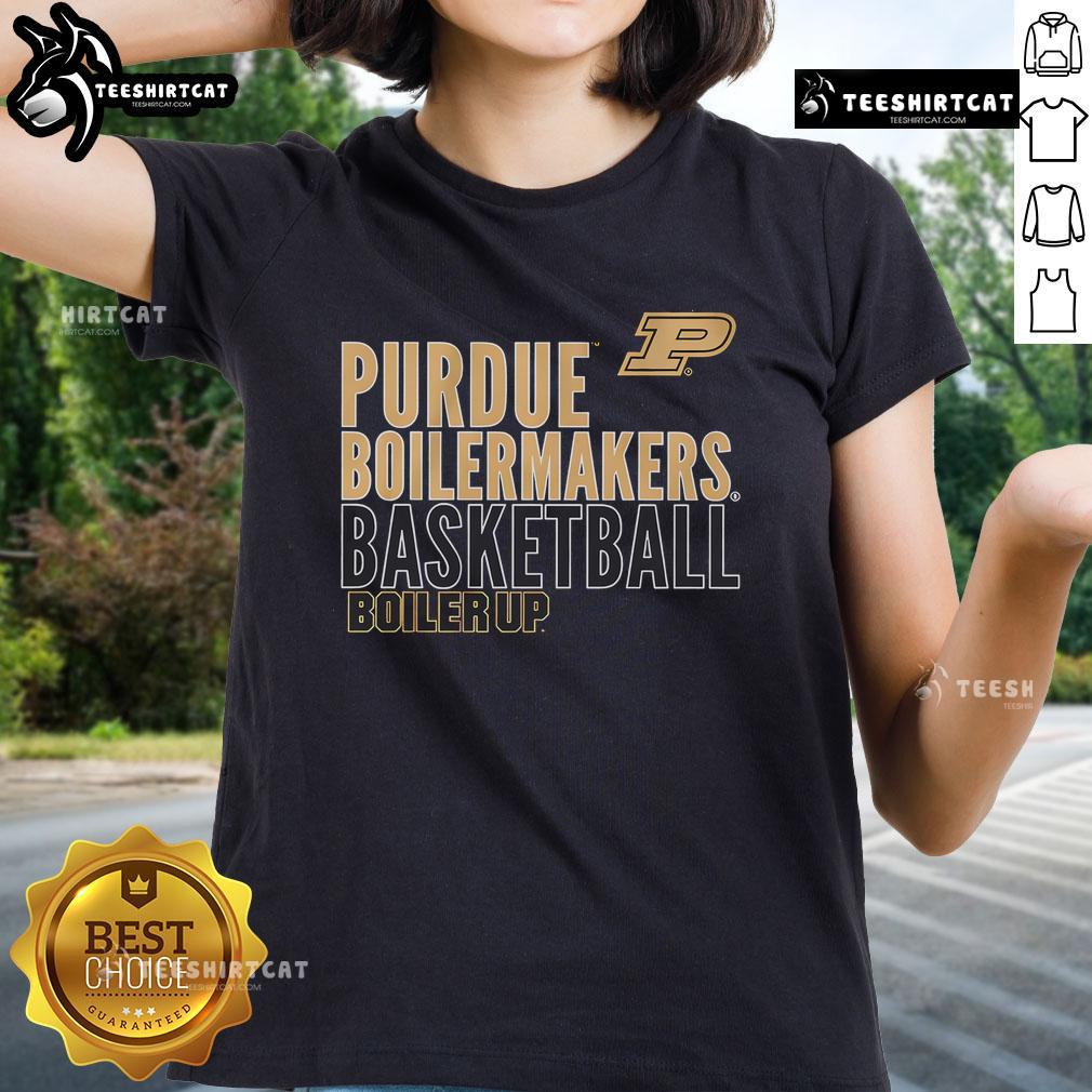 Alt Text: Official Purdue Boilermakers Basketball 'Boiler Up' text logo on a ladies tee, perfect for fans and casual wear.