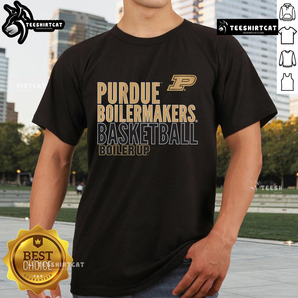 Alt Text: Official Purdue Boilermakers Basketball Boiler Up logo t-shirt featuring team colors and bold graphic design.