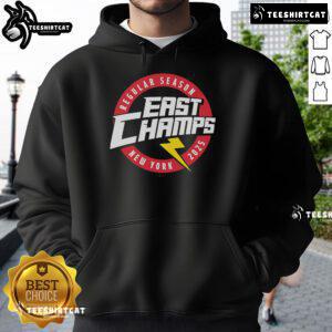 2025 New York Official Regular Season East Champs hoodie in navy blue, showcasing team pride and championship branding.
