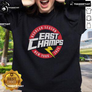 Alt Text: 2025 New York Official Regular Season East Champs Sweatshirt in blue, featuring team logo and championship design.