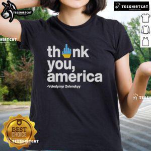 Alt Text: Official Volodymyr Zelensky Thank You America tee featuring a bold graphic, perfect for supporters of Ukraine.