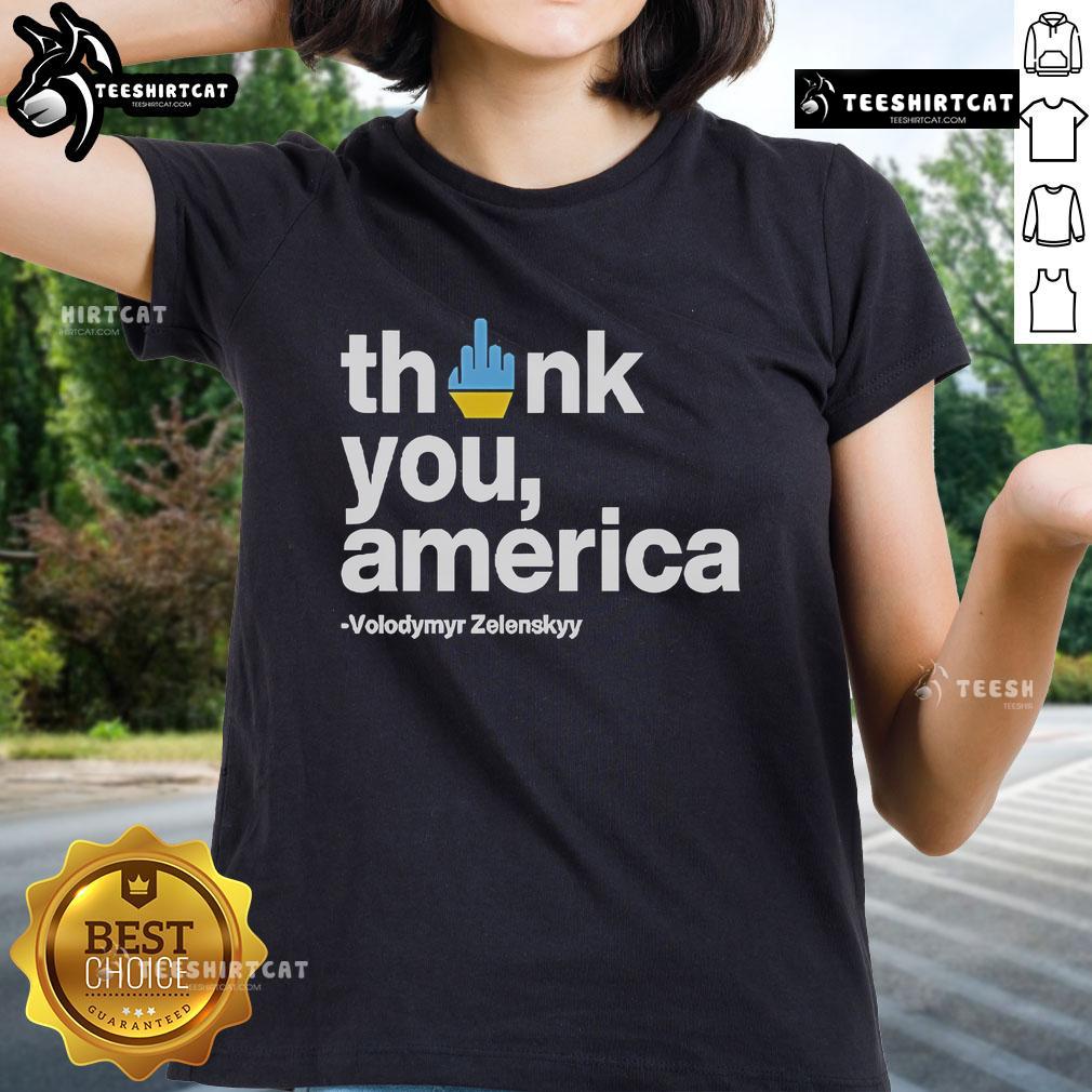Alt Text: Official Volodymyr Zelensky Thank You America tee featuring a bold graphic, perfect for supporters of Ukraine.
