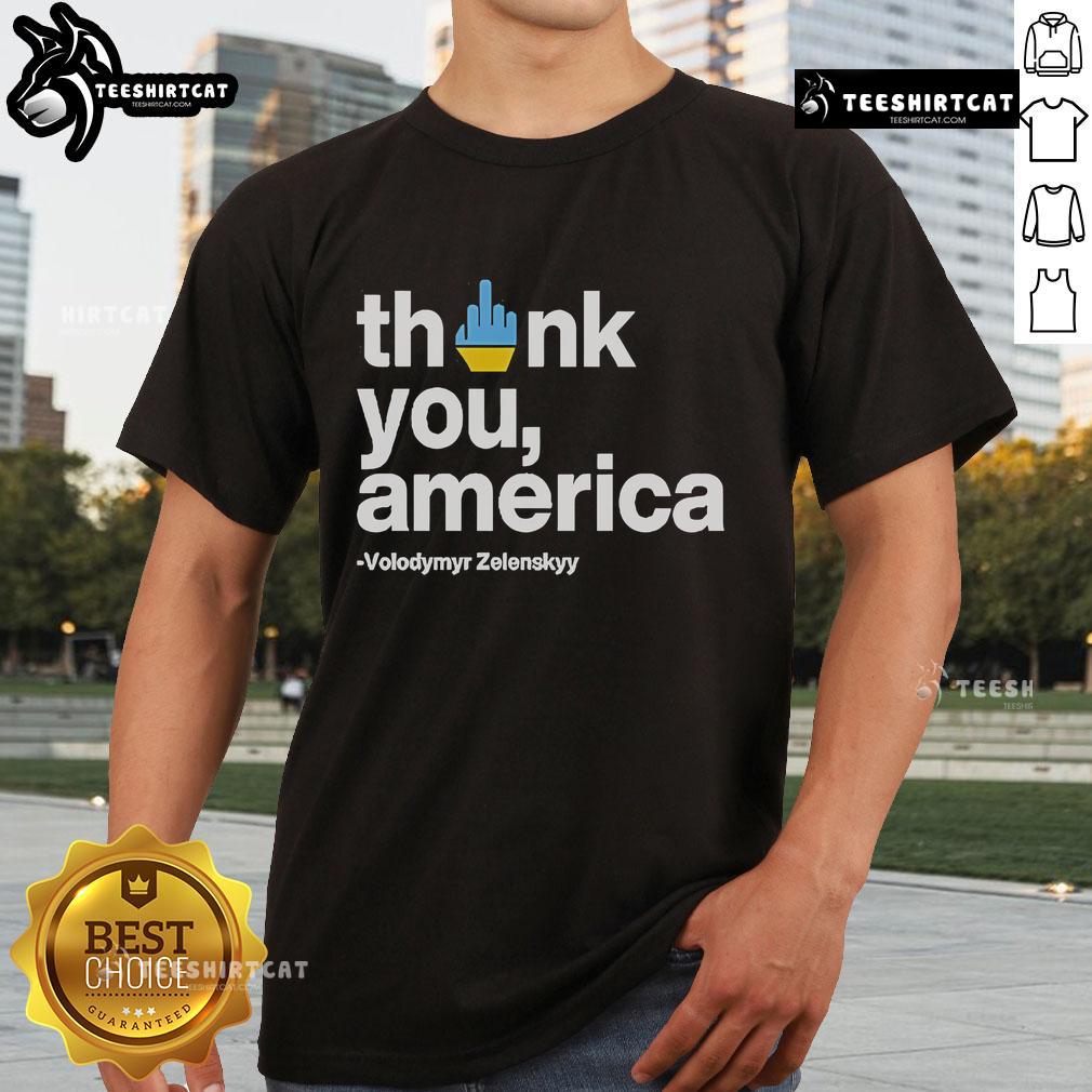 Official Volodymyr Zelensky 'Thank You America' T-Shirt featuring bold text, perfect for expressing gratitude and support.