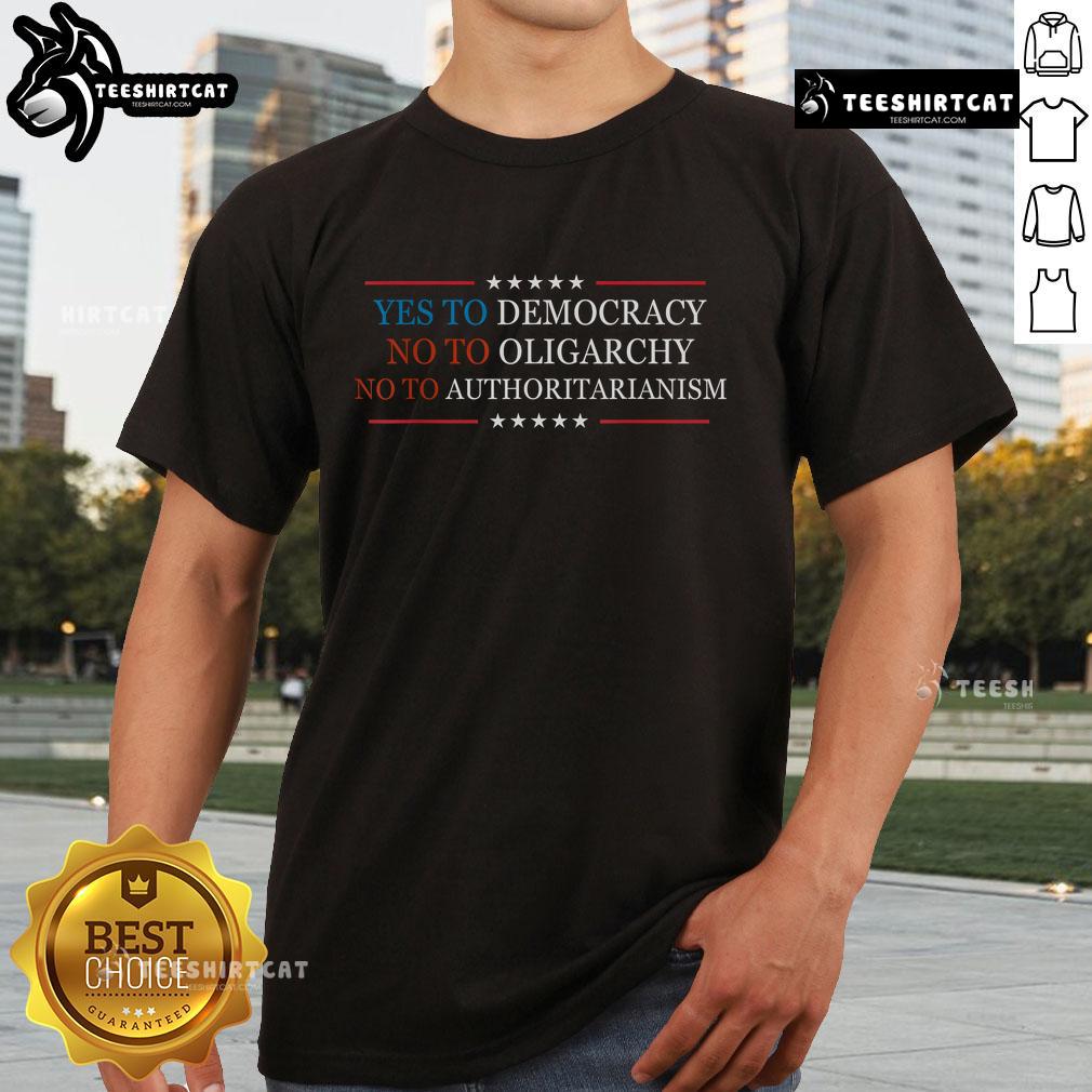 Official Yes To Democracy No To Oligarchy Bernie Sanders T-Shirt featuring bold graphic design promoting democratic values.