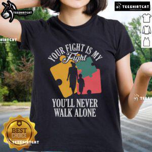 Mother and child wearing 'Your Fight My Fight Autism Awareness' tee, promoting autism awareness and support.