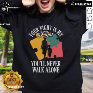 Mother and child wearing 'Your Fight My Fight' Autism Awareness sweatshirts, showcasing love and support for autism advocacy.