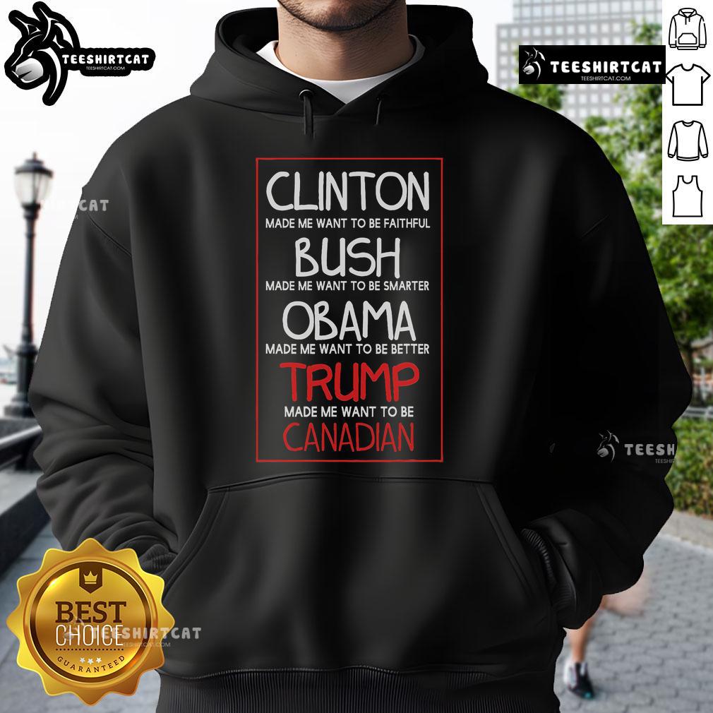 Premium Anti-Trump hoodie featuring 'Made Me Want to Become Canadian President' design, perfect for political humor fans.