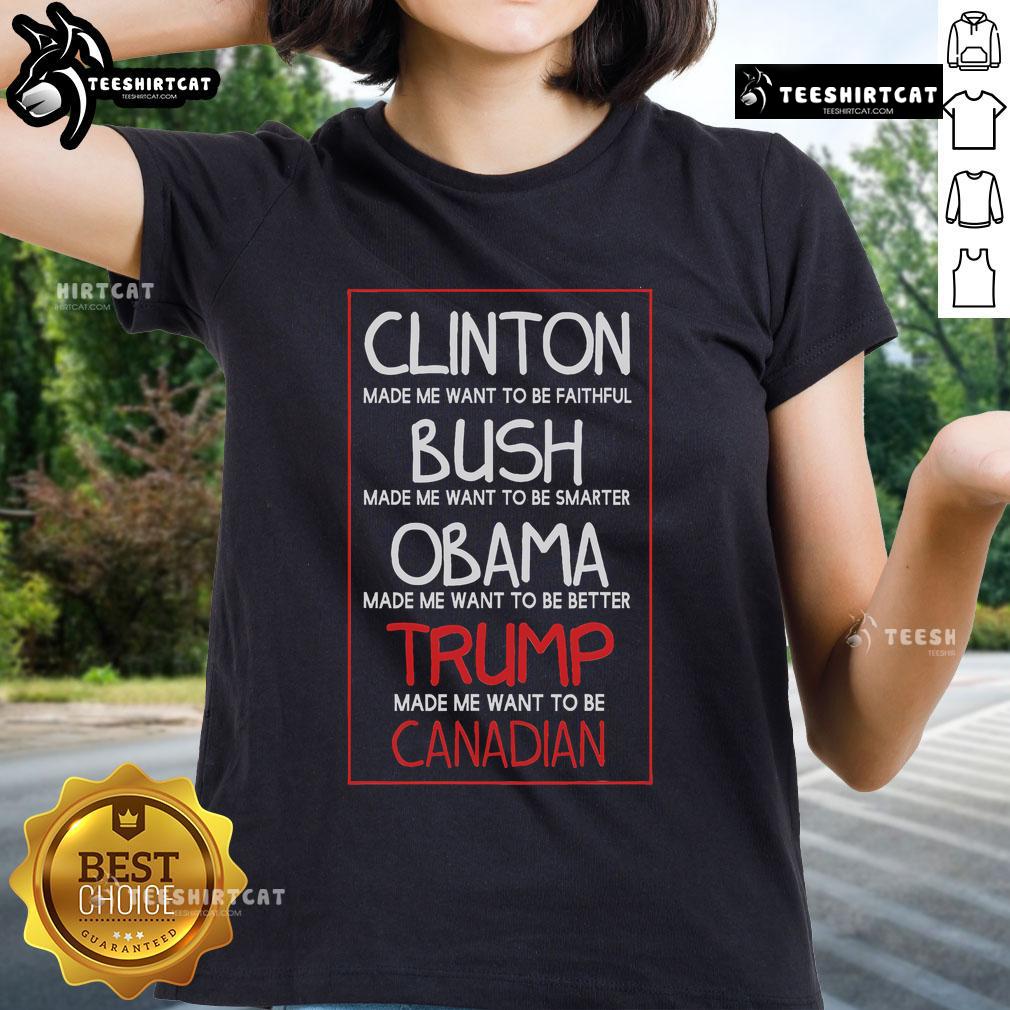 Premium Anti-Trump Ladies Tee featuring a humorous 'Made Me Want to Become Canadian President' design.