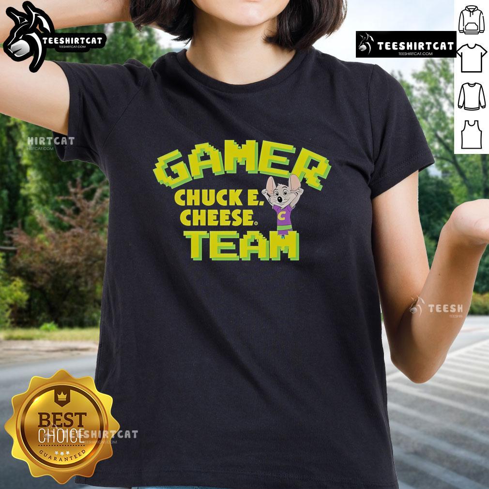 Premium Chuck E. Cheese Gamer Team Ladies Tee featuring vibrant graphics for gaming enthusiasts and fans of Chuck E. Cheese.
