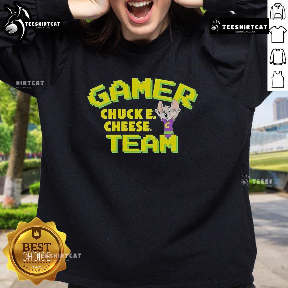 Premium Chuck E. Cheese Gamer Team Sweatshirt featuring vibrant graphics and a cozy design for gaming enthusiasts.