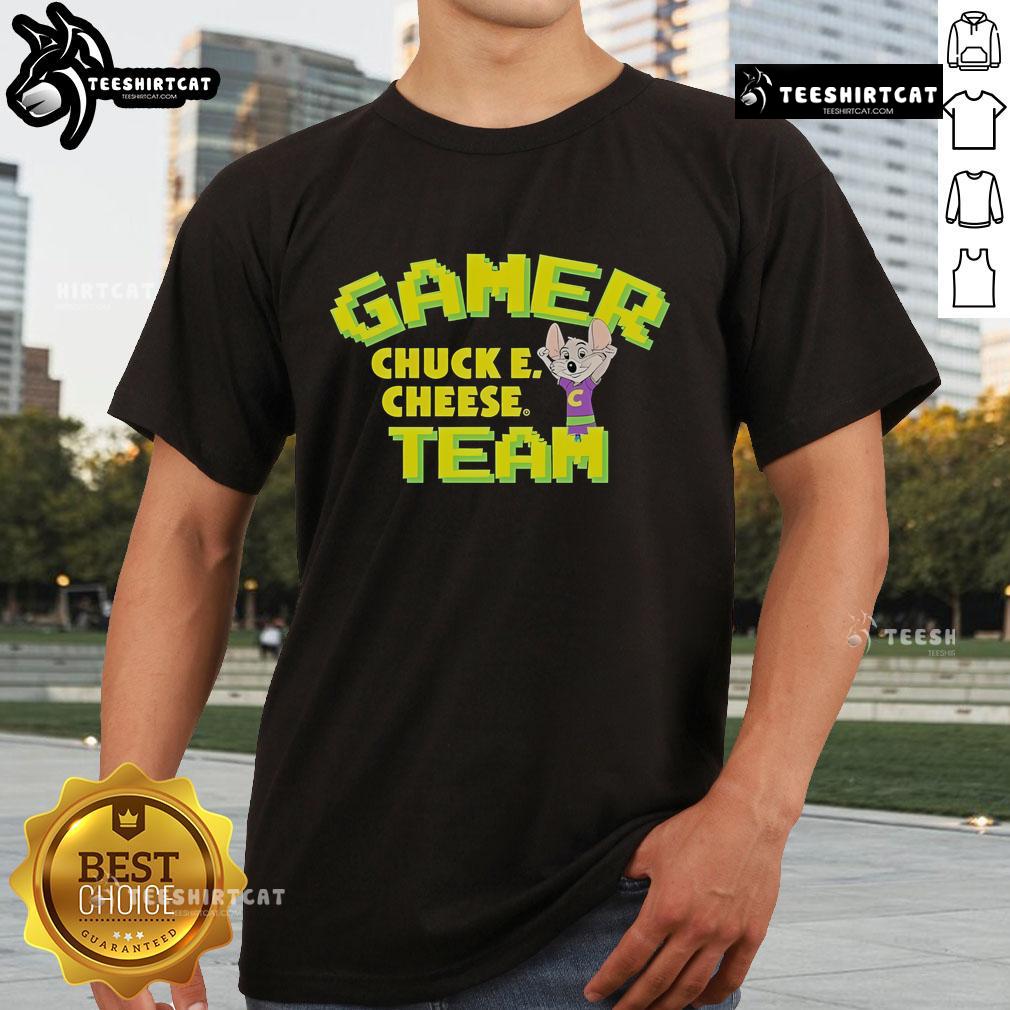 Alt Text: Premium Chuck E. Cheese Gamer Team T-Shirt featuring vibrant graphics and a comfortable fit for gaming enthusiasts.