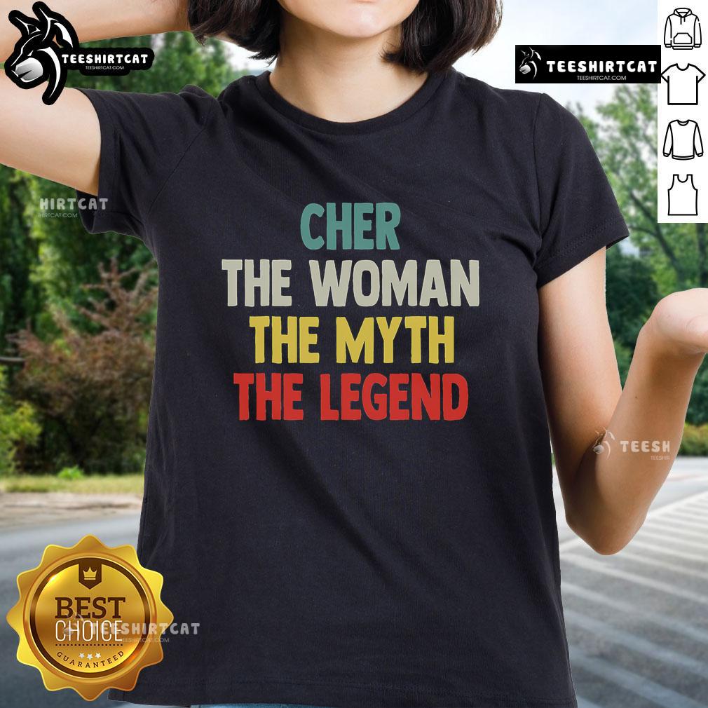 Top Cher The Woman The Myth The Legend Ladies Tee featuring a stylish design celebrating the iconic singer Cher.
