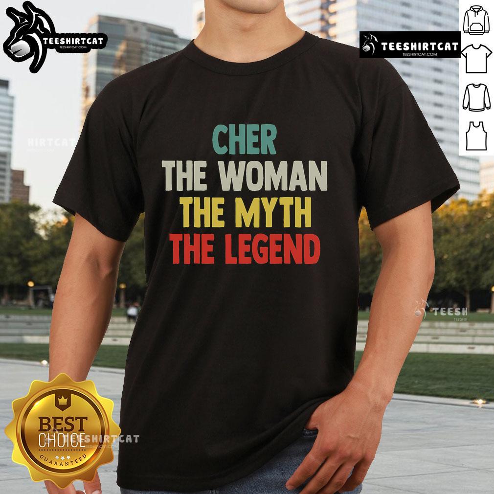Top Cher The Woman The Myth The Legend T-Shirt featuring a bold graphic design celebrating the iconic singer Cher.
