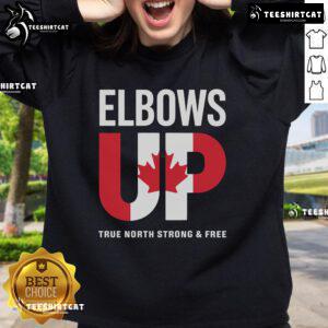 Top Elbows Up True North Strong and Free Sweatshirt in a cozy setting, showcasing Canadian pride and comfort.