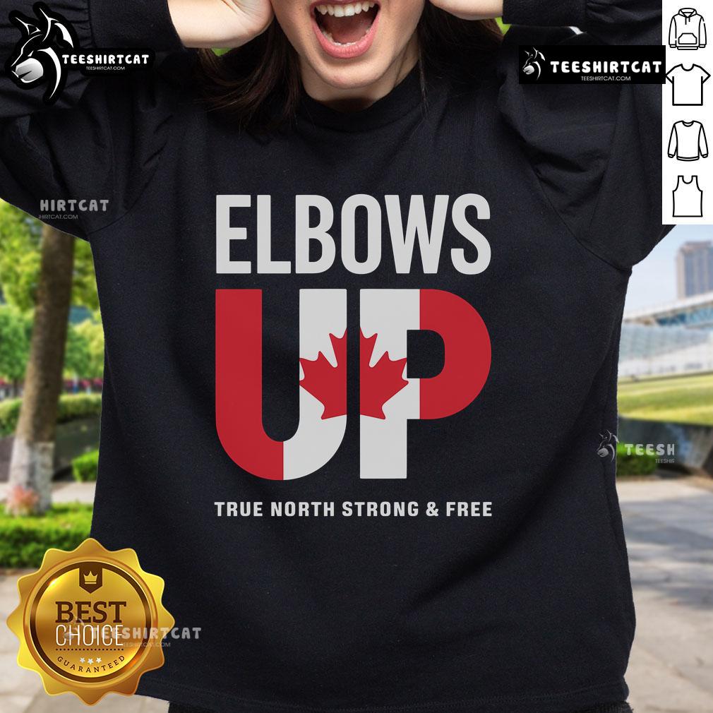 Top Elbows Up True North Strong and Free Sweatshirt in a cozy setting, showcasing Canadian pride and comfort.