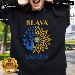 Ukrainian flag sweatshirt featuring vibrant sunflowers, symbolizing pride and resilience for Ukraine. Top Slava Ukraine design.