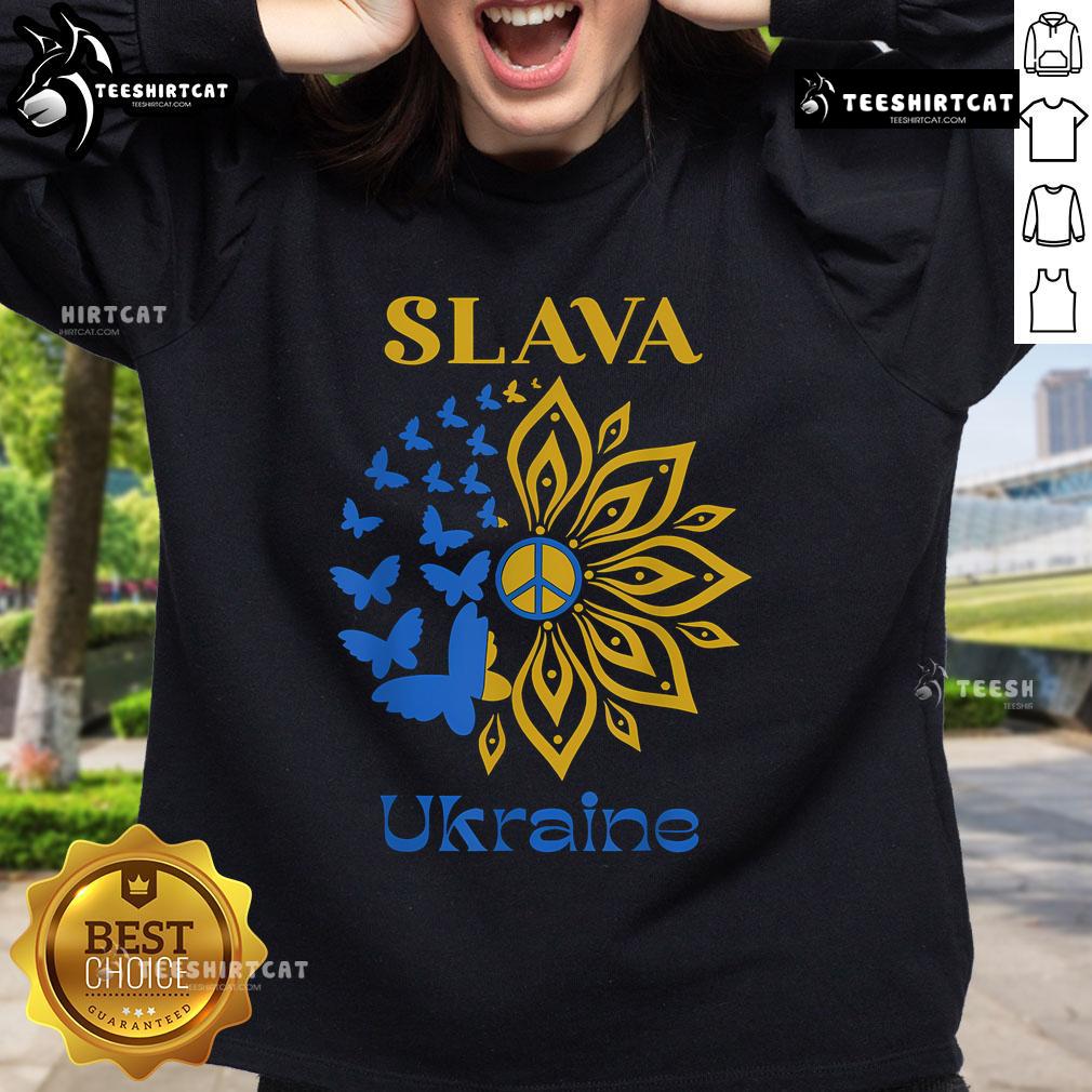 Ukrainian flag sweatshirt featuring vibrant sunflowers, symbolizing pride and resilience for Ukraine. Top Slava Ukraine design.