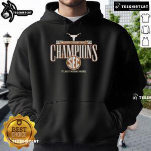 Texas Longhorns 2025 SEC Women's Basketball Champions hoodie displayed in locker room, showcasing team pride and spirit.