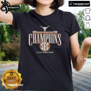 Alt Text: Texas Longhorns 2025 SEC Women's Basketball Champions Locker Room tee featuring team logo and celebratory design.