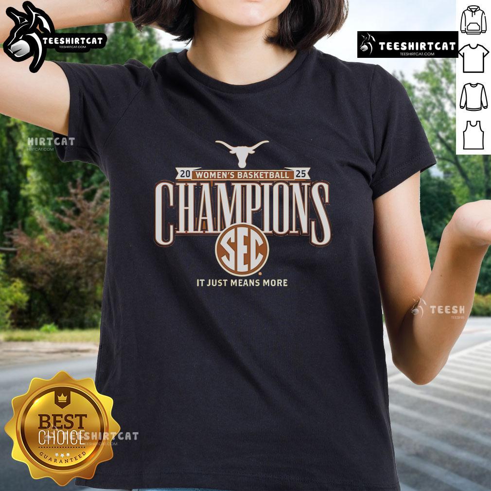 Alt Text: Texas Longhorns 2025 SEC Women's Basketball Champions Locker Room tee featuring team logo and celebratory design.