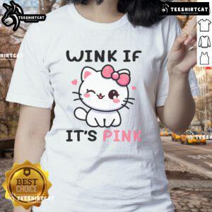 Cute cat winking on a pink tee, perfect for funny adult humor. Stylish ladies' shirt for cat lovers.