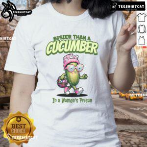 Funny 'Busier Than A Cucumber In A Women's Prison' Easter ladies tee featuring vibrant graphics and playful text.