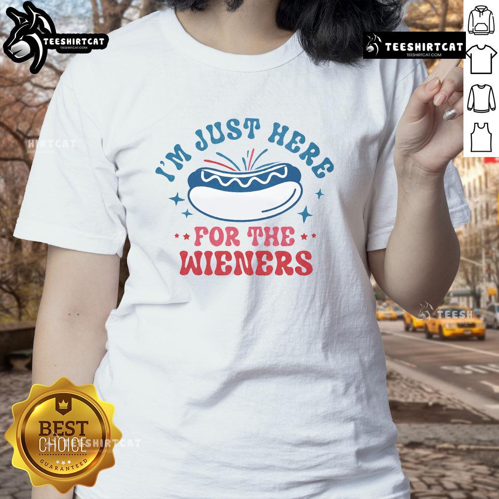 Good I'm Just Here For The Wieners Ladies Tee featuring a playful graphic design for dog lovers and casual wear.