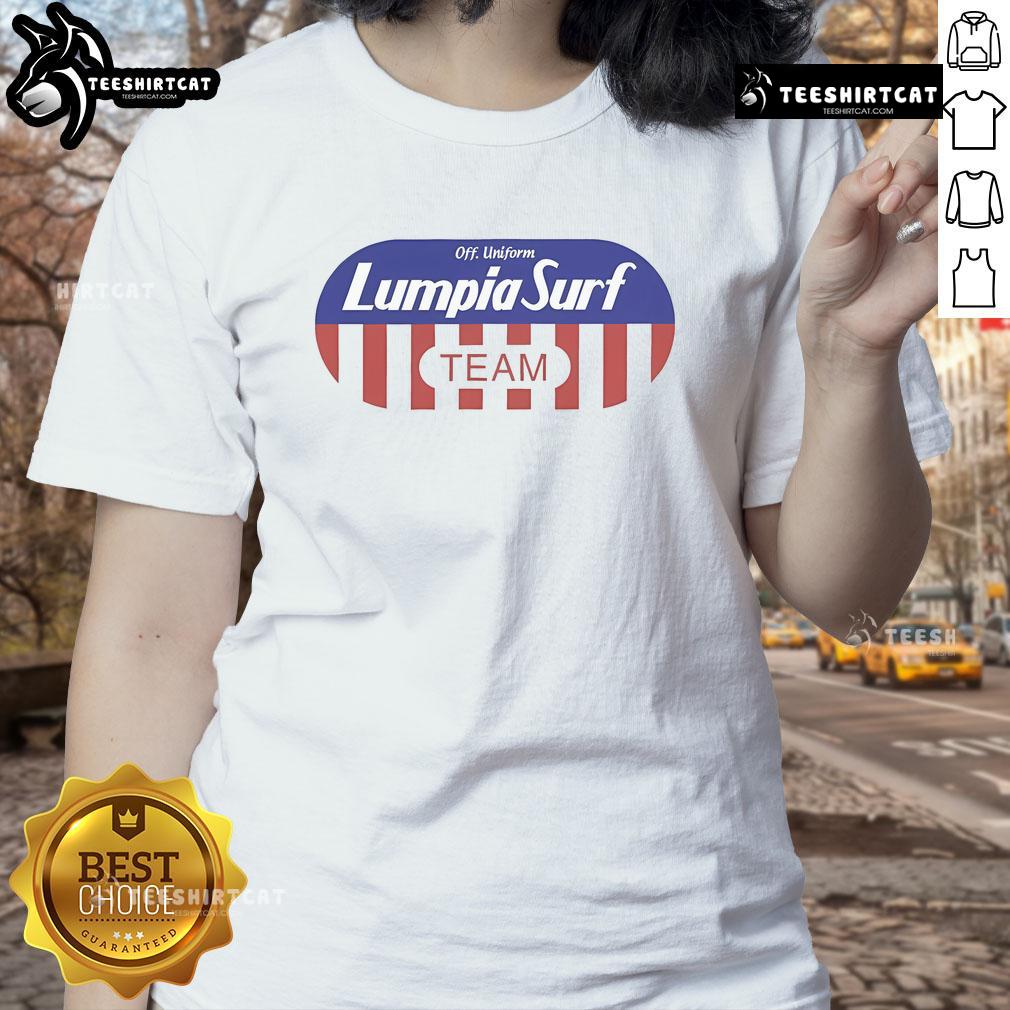 Good Lumpia Surf Team off uniform flakes ladies tee featuring vibrant design and comfortable fit for beach lovers.