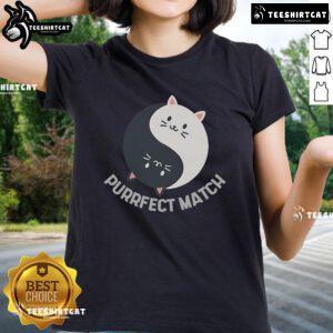 Cute kawaii art of cats themed 'Good Purrfect Match' on a stylish ladies tee, showcasing playful feline balance and charm.