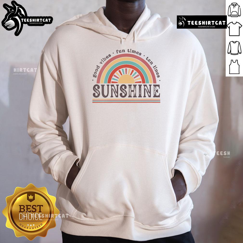 Good Vibe Fun Times Sunshine Hoodie worn by a smiling person on a sunny day, showcasing vibrant tan lines and joyful atmosphere.