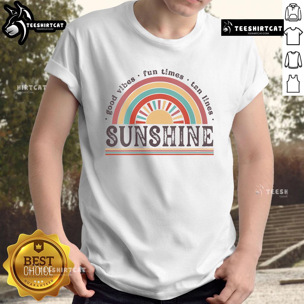 Good Vibe Fun Times Tan Lines Sunshine T-Shirt displayed on a wooden background, perfect for summer outings and beach days.